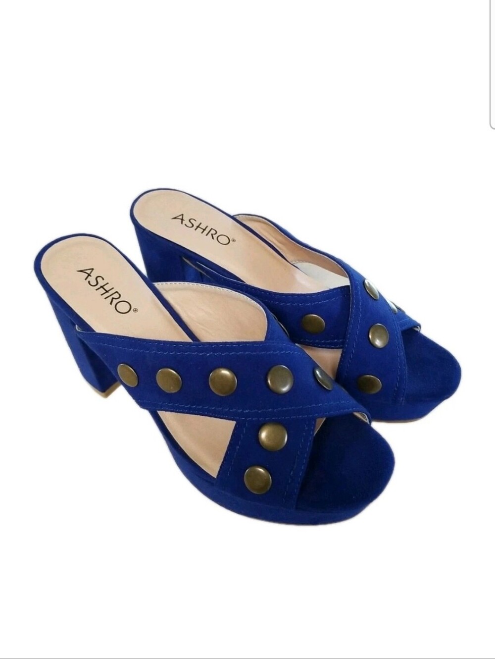 NEW ASHRO  Heeled Mules/Clogs Blue Faux Suede Studded Straps Womens   Size 8.5